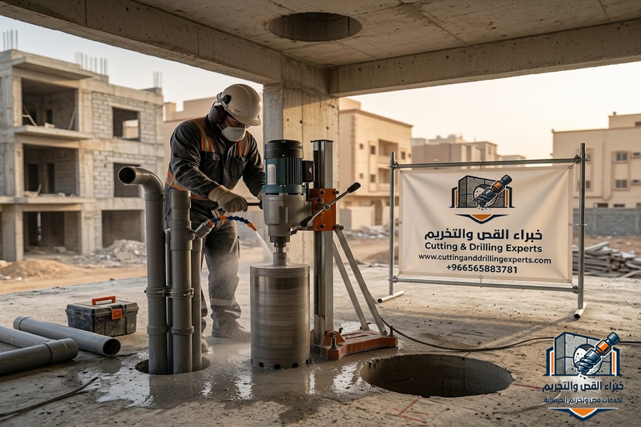 فتح كور بحي النزهة في جدة باستخدام أجهزة الكور الماسي لتنفيذ فتحات المكيفات والسباكة والكهرباء والمصاعد بدقة عالية وبدون تكسير